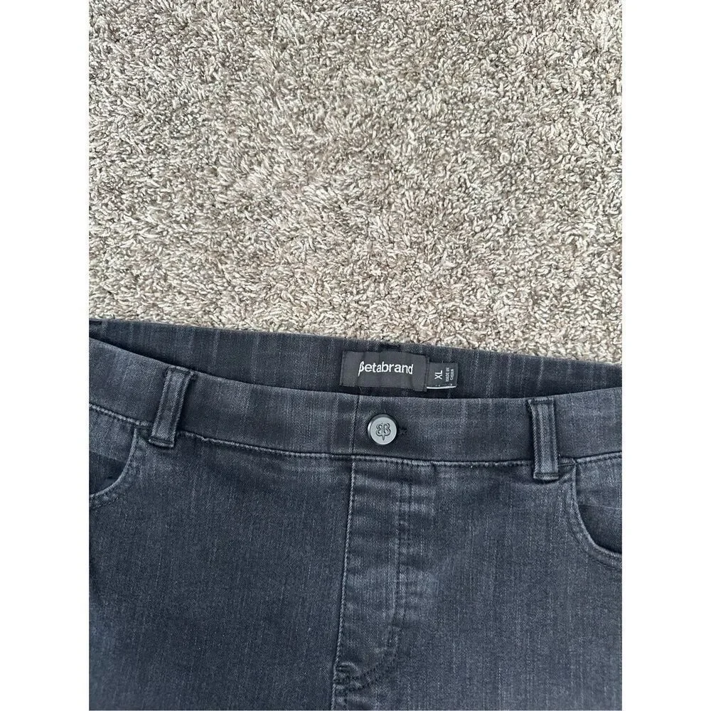 Betabrand Premium Yoga Denim Pull On Flare Bootcut Black Wash Jean Frayed Hem XL